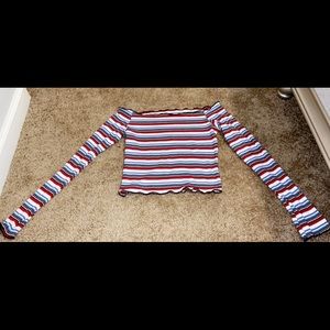 SMALL Romwe Maroon White Blue Off the shoulder Top